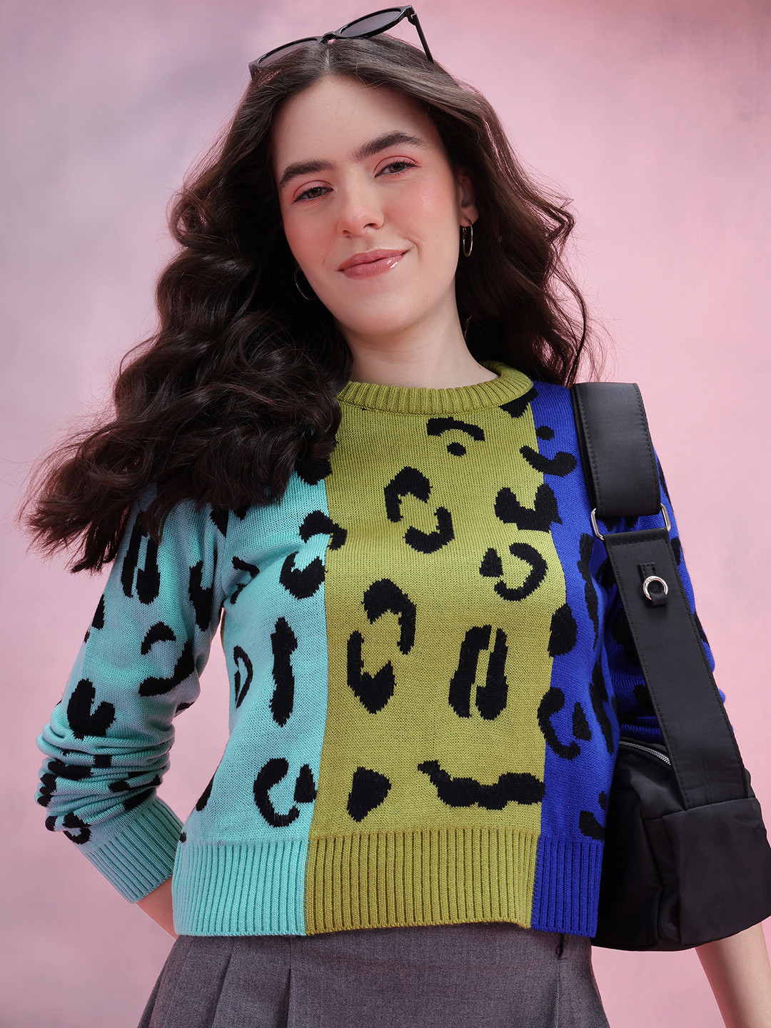 DressBerry Leopard Self-Design Acrylic Pullover with Colourblocked Detail