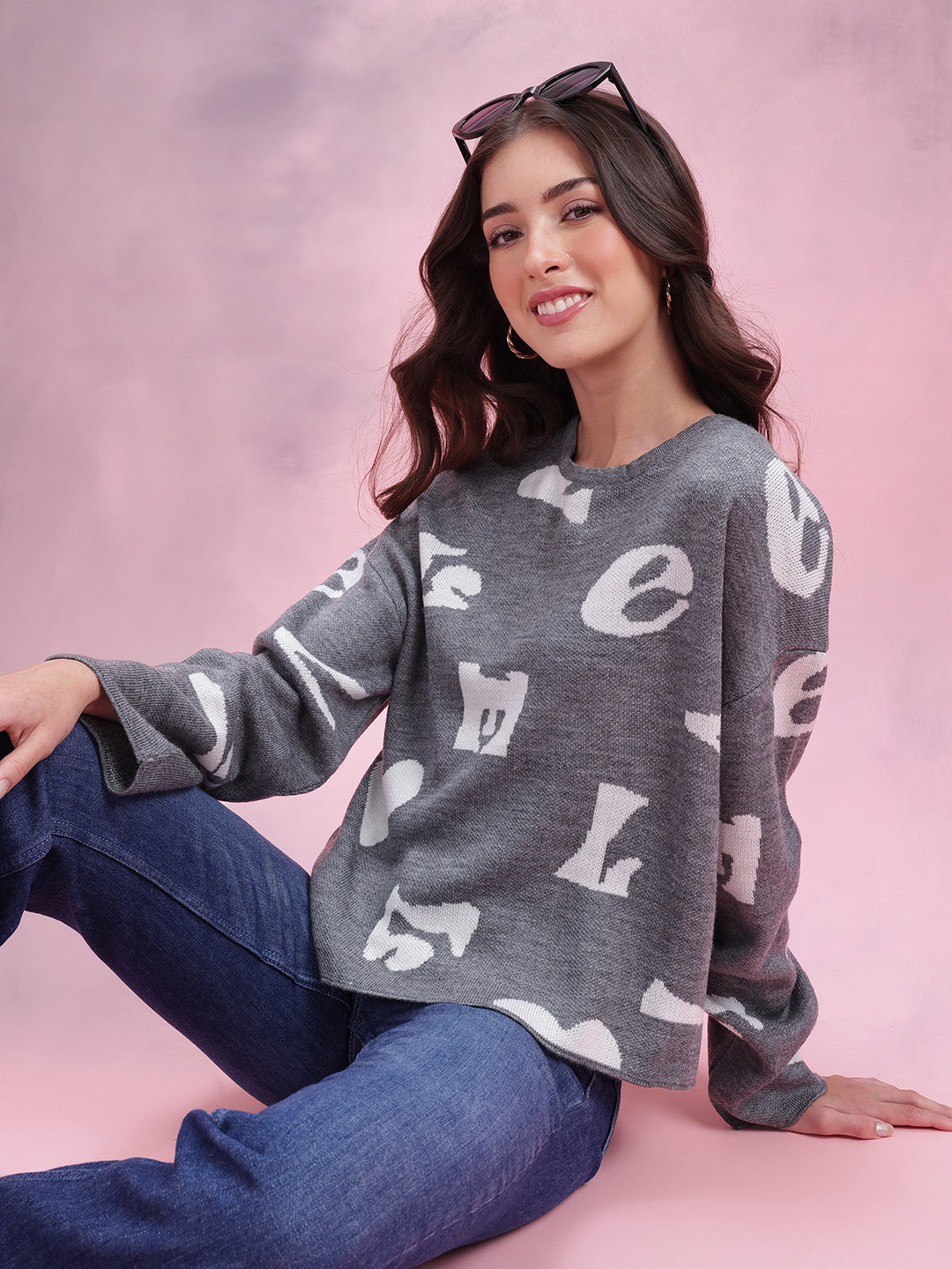 DressBerry Typography Design Drop-Shoulder Acrylic Pullover