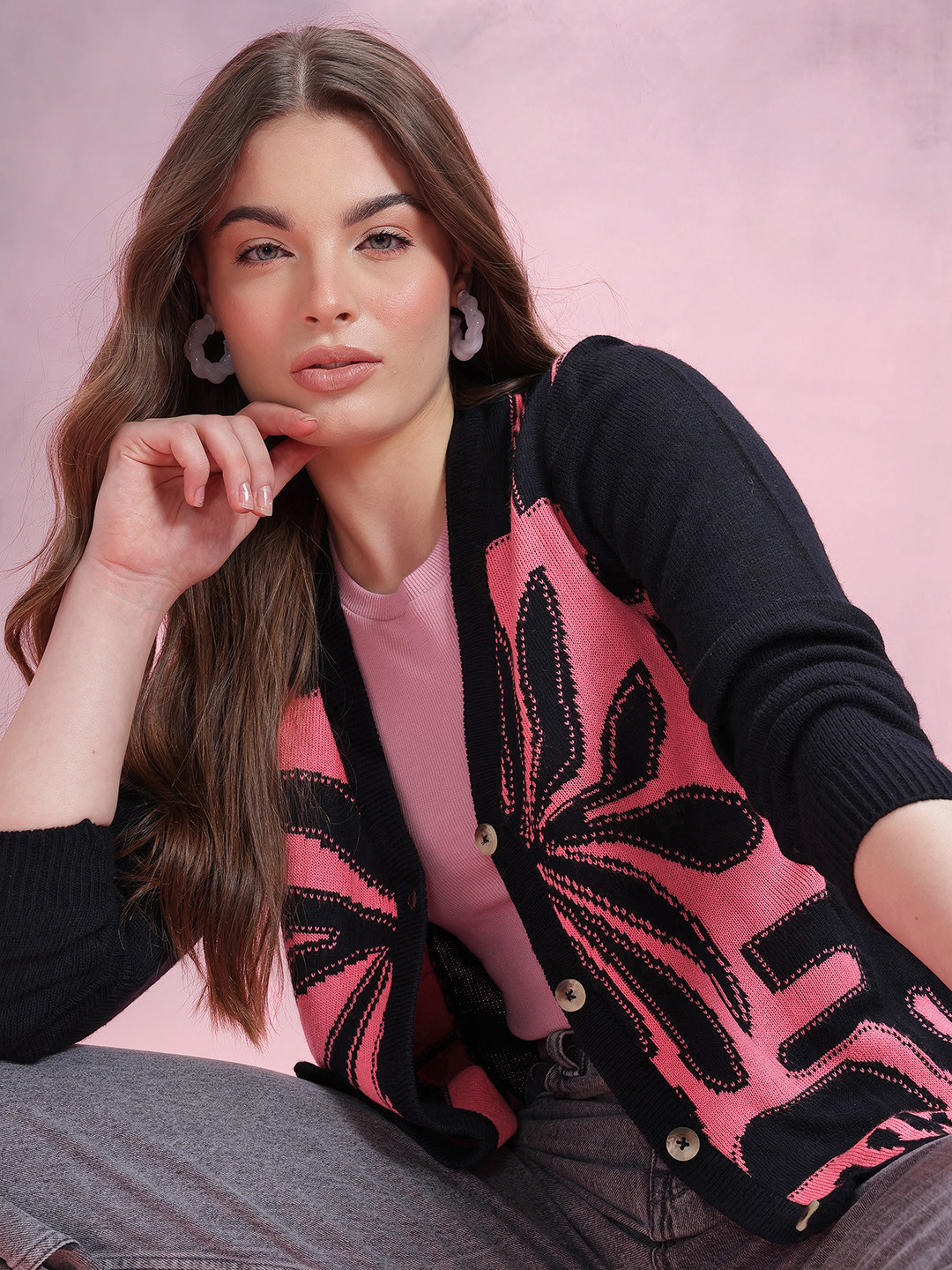 DressBerry Floral Self-Design V-Neck Acrylic Button-Down Cardigan