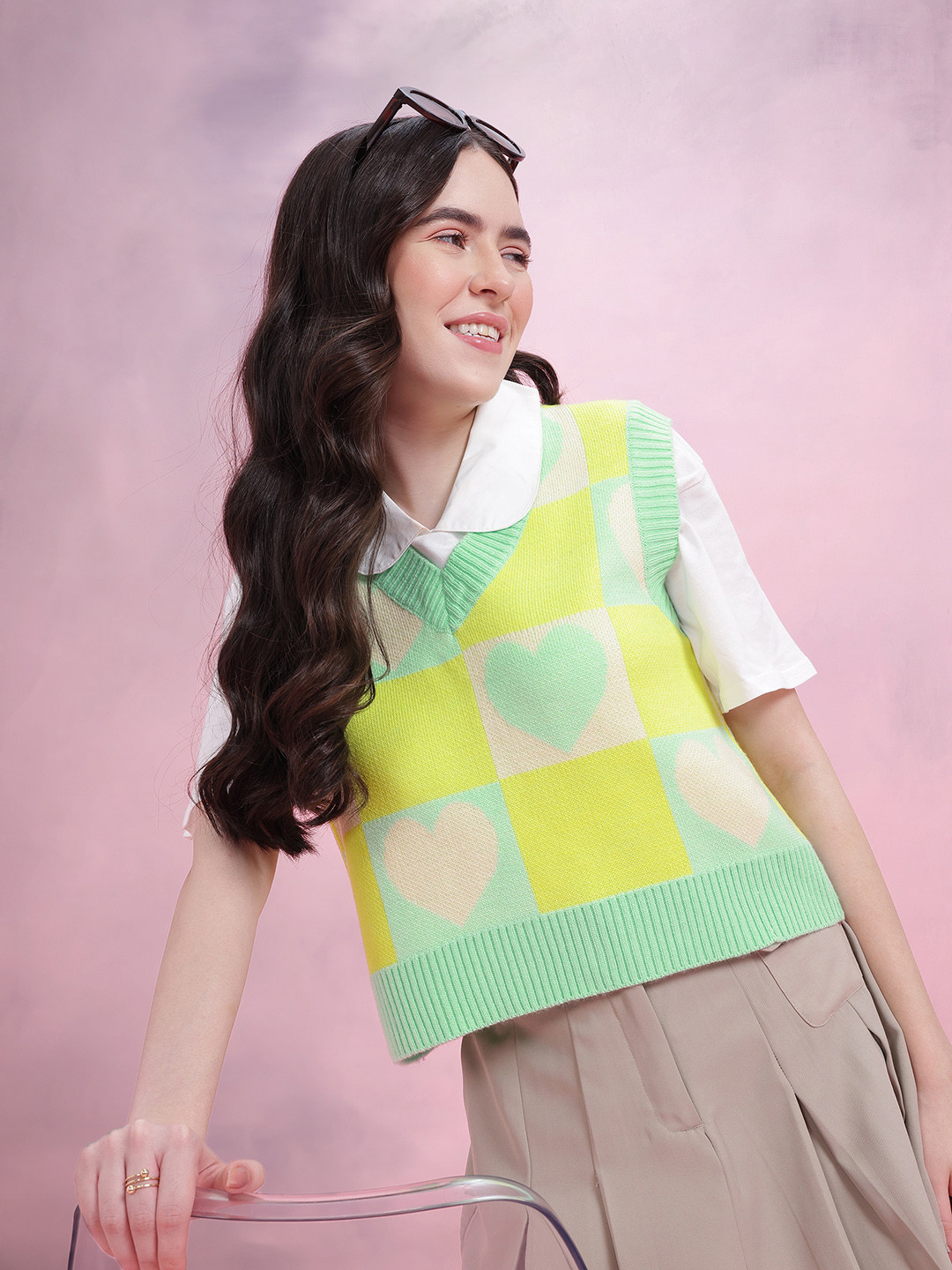 DressBerry Women Conversational Pattern Self Design V-Neck Knitted Pullover