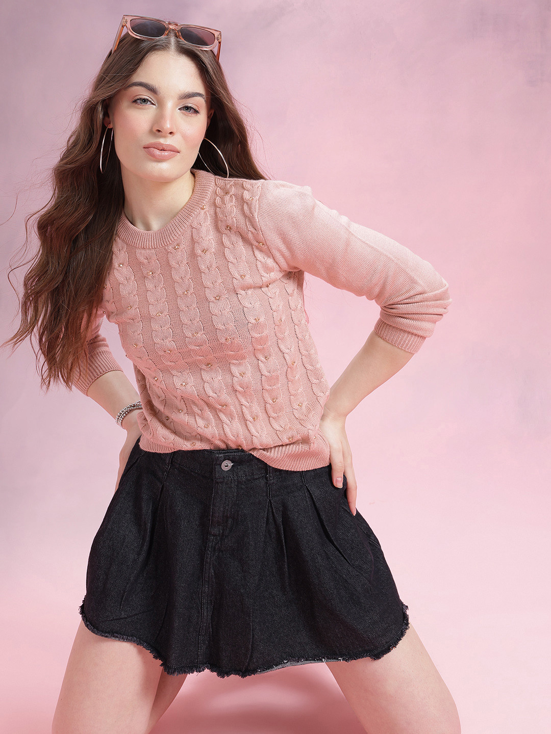 DressBerry Cable Knit Round Neck Pullover with Stone Detail