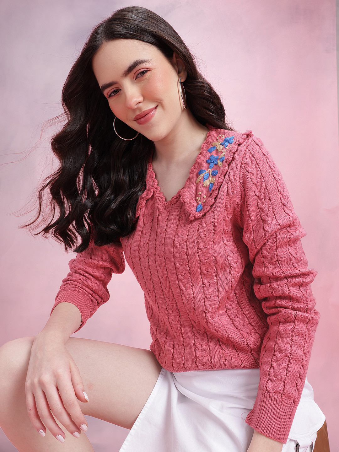 DressBerry Peter Pan Collar Floral Cable Knit Pullover