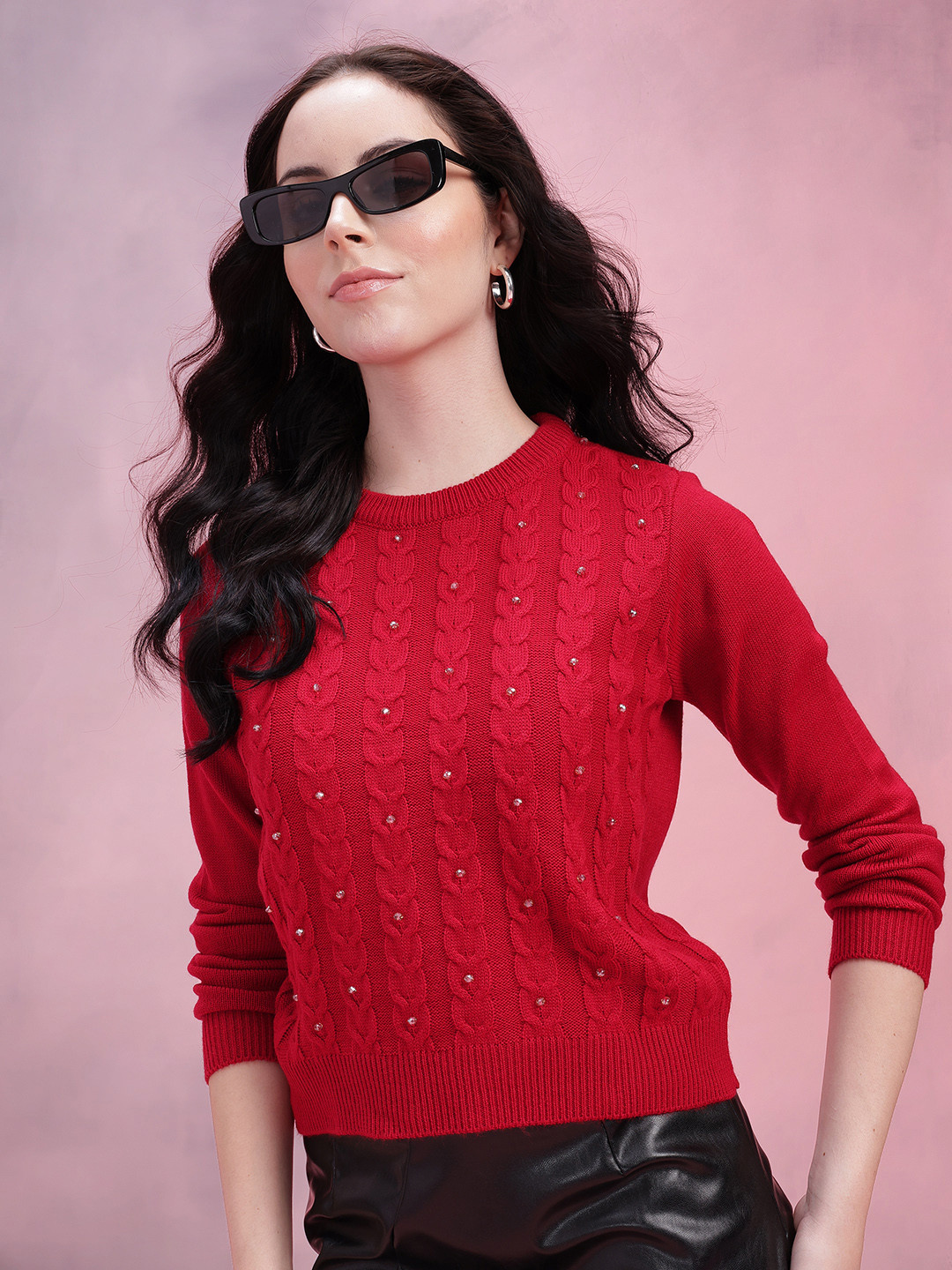 DressBerry Women Cable Knit Studded Acrylic Pullover