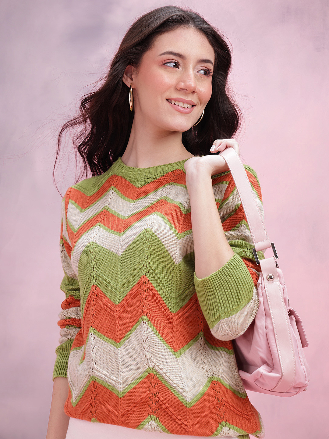 DressBerry Chevron Open Knit Detail Acrylic Pullover