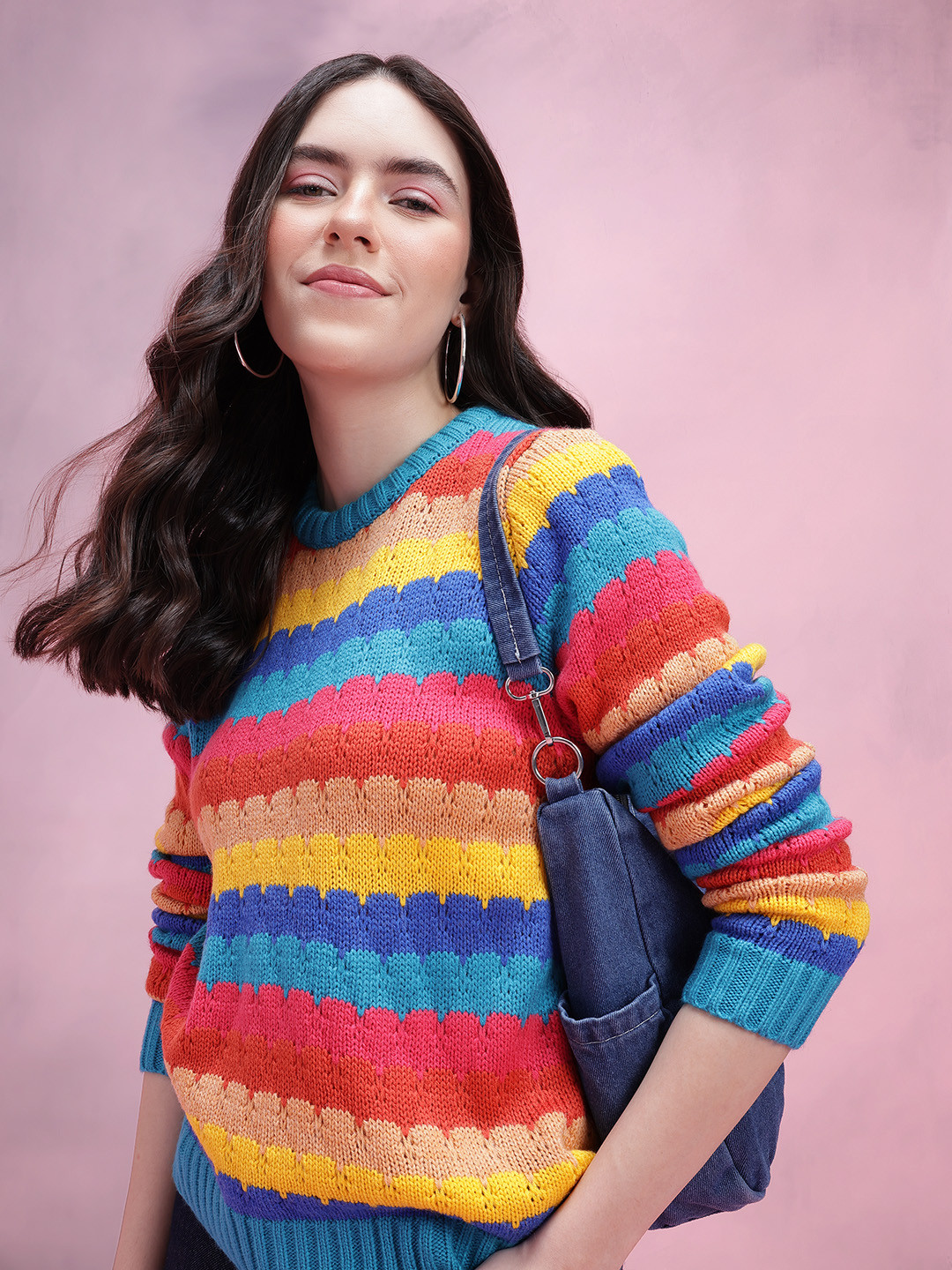 DressBerry Multi-Striped Open Knit Pullover