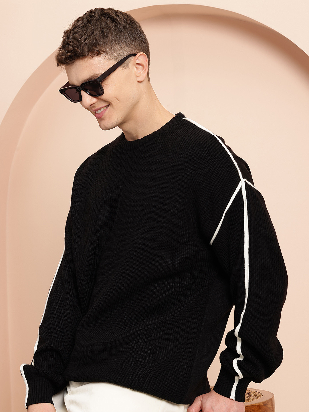 Mast & Harbour Cable Knit Drop-Shoulder Sleeves Acrylic Pullover with Contrast Piping