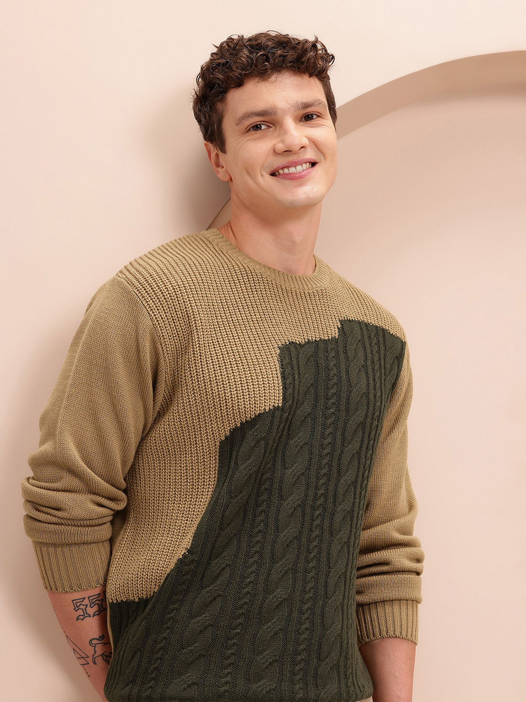 Mast & Harbour Colourblocked Ribbed Cable Knit Acrylic Pullover