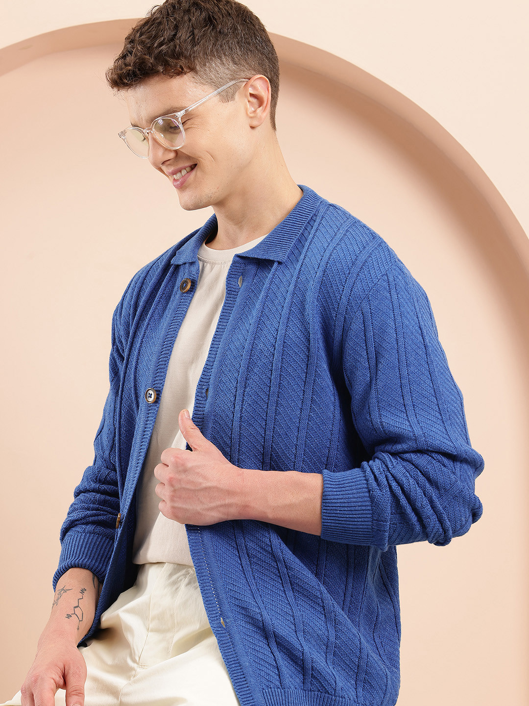 Mast & Harbour Self Design Front-Open Shirt Collar Knitted Cardigan