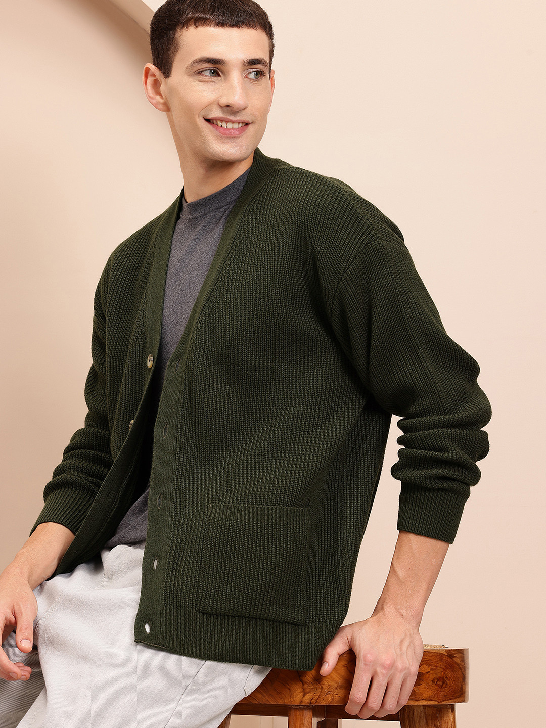Mast & Harbour V-Neck Front Open Ribbed Cardigan