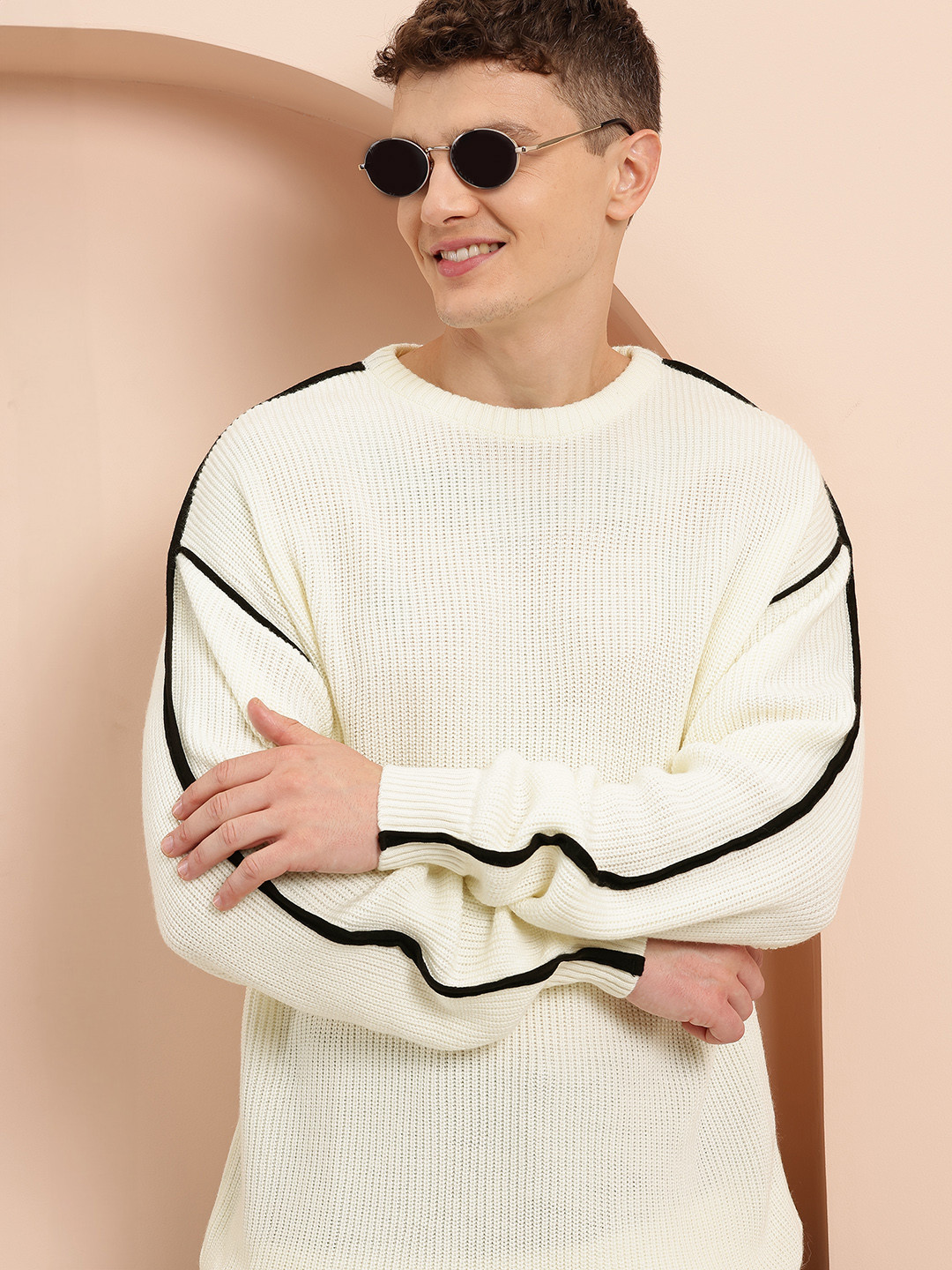 Mast & Harbour Cable Knit Drop-Shoulder Sleeves Acrylic Pullover with Contrast Piping