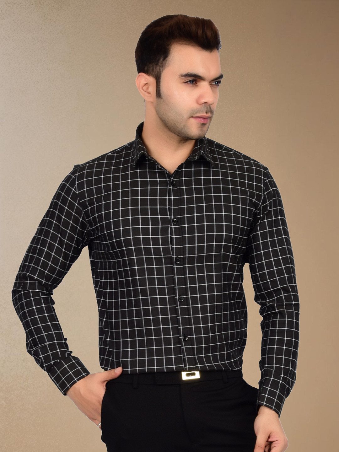 Heed Attentive Men Standard Fit Spread Collar Grid Tattersall Checked Cotton Formal Shirt