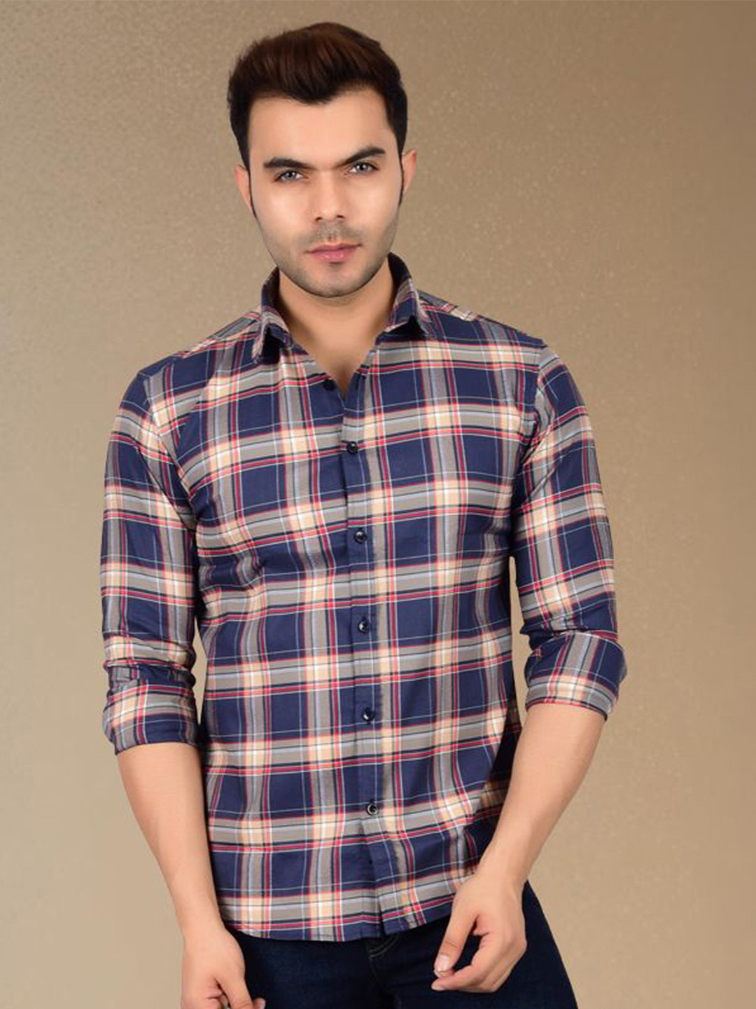 Heed Attentive Men Standard Fit Spread Collar Tartan Checked Cotton Casual Shirt