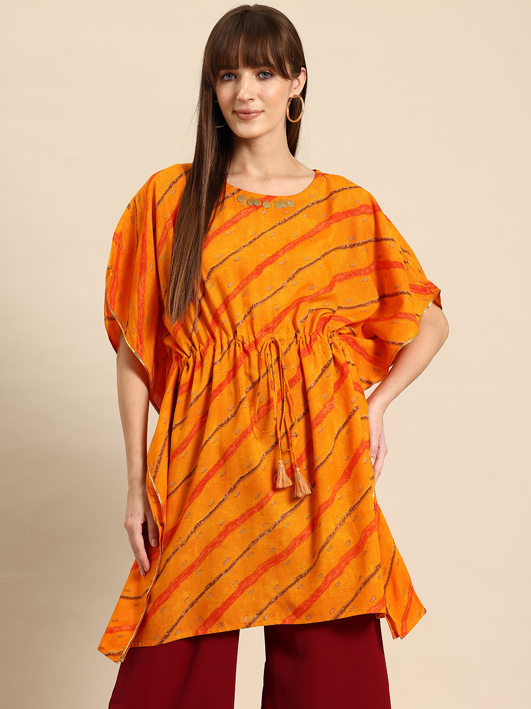 A&K Women Leheriya Printed Flared Sleeves Gotta Patti Kaftan Kurta