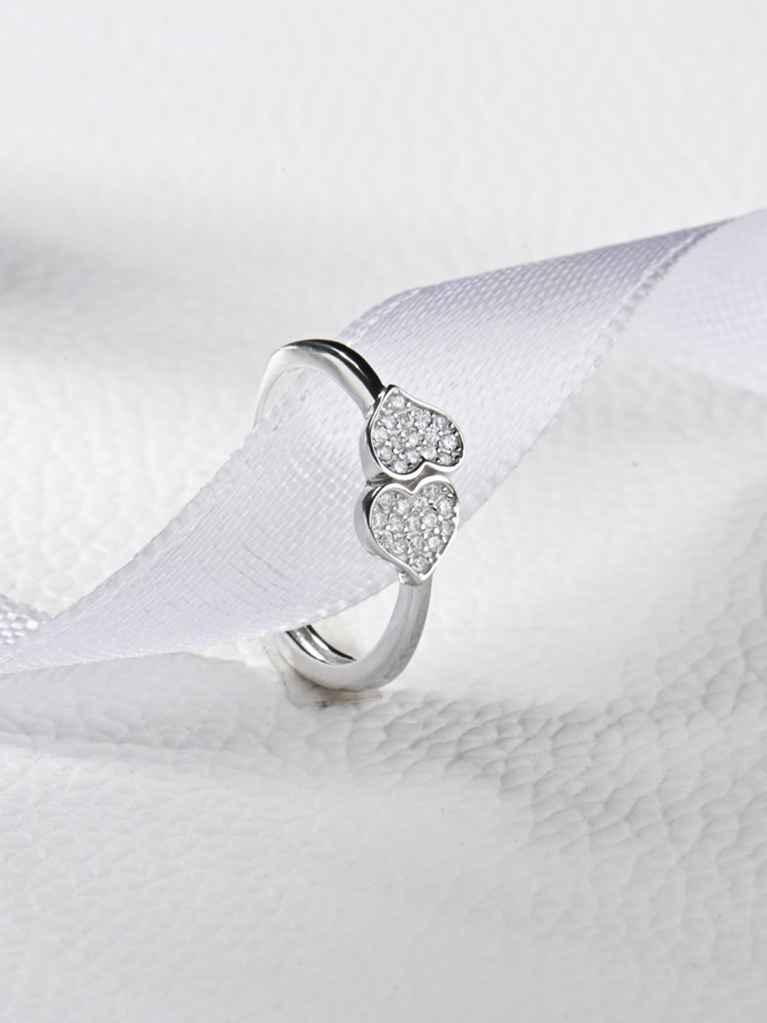 RACHIVA 925 Sterling Silver Rhodium-Plated CZ Studded Heart Duo Ring