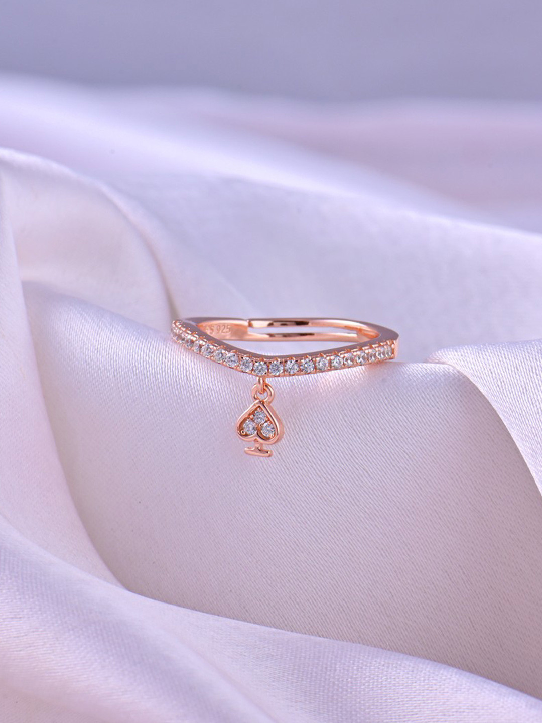 RACHIVA 925 Sterling Silver Rose Gold-Plated CZ Studded Spade Charm Ring