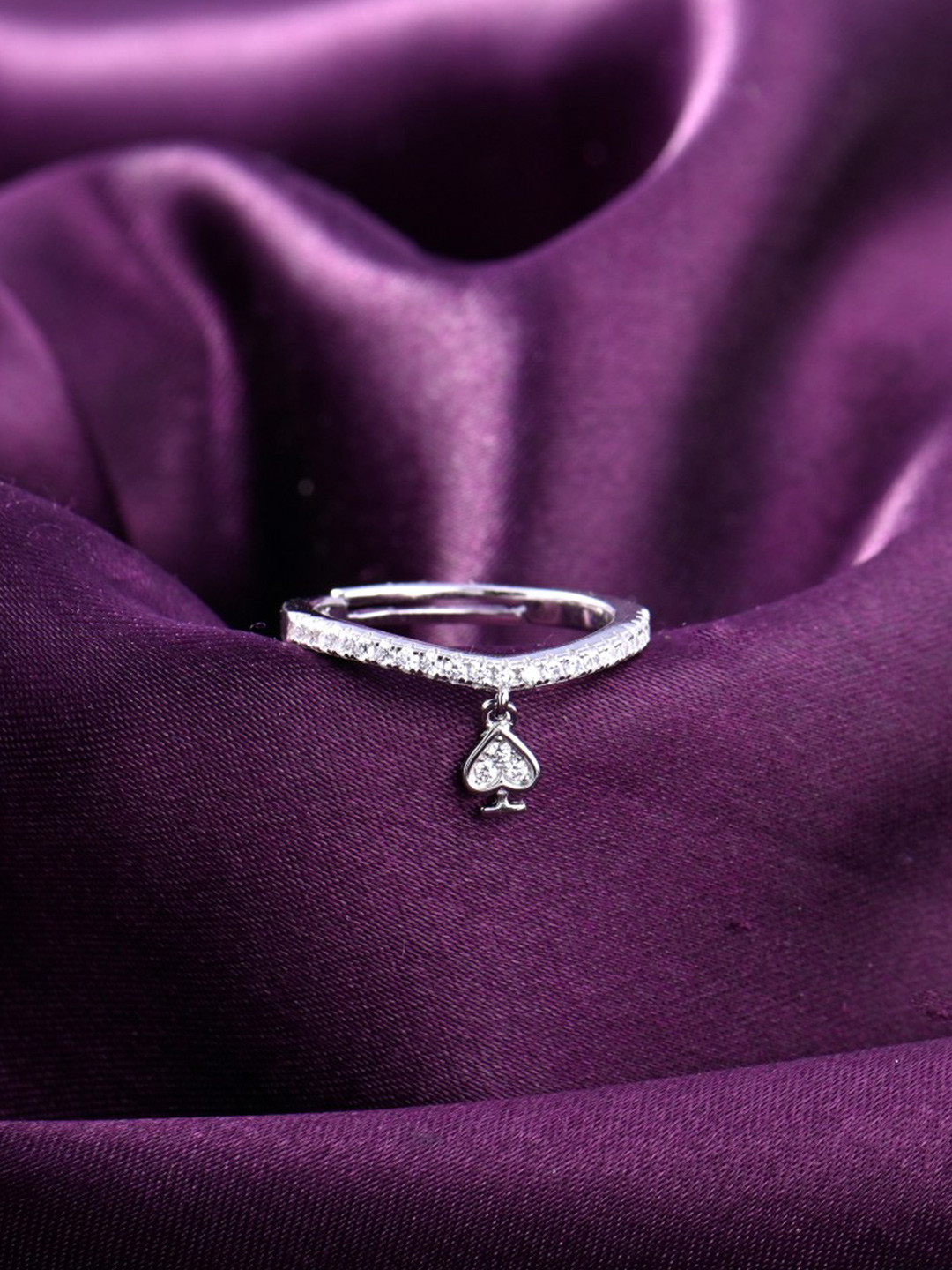 RACHIVA 925 Sterling Silver Rhodium-Plated CZ Studded Love Spade Sparkle Adjustabler Ring