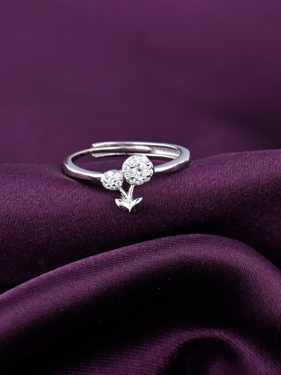 RACHIVA 925 Sterling Silver Rhodium-Plated Cherry Duo Zircon Studded Adjustable Ring