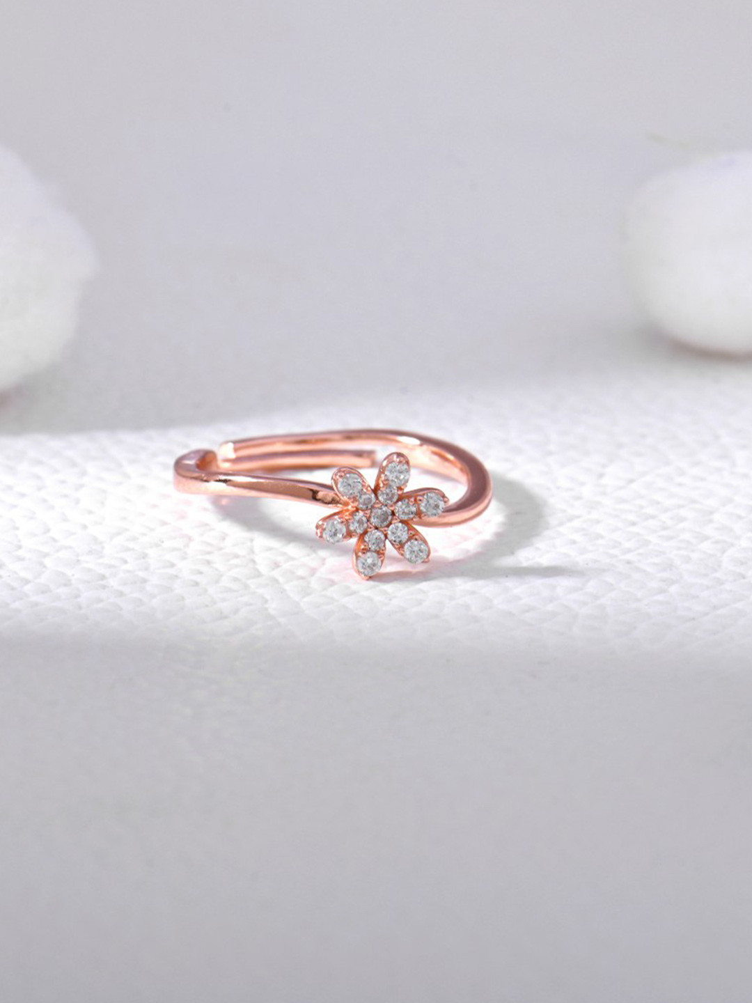 RACHIVA 925 Sterling Silver Rose Gold-Plated CZ Studded Glistening Petal Adjustable Ring