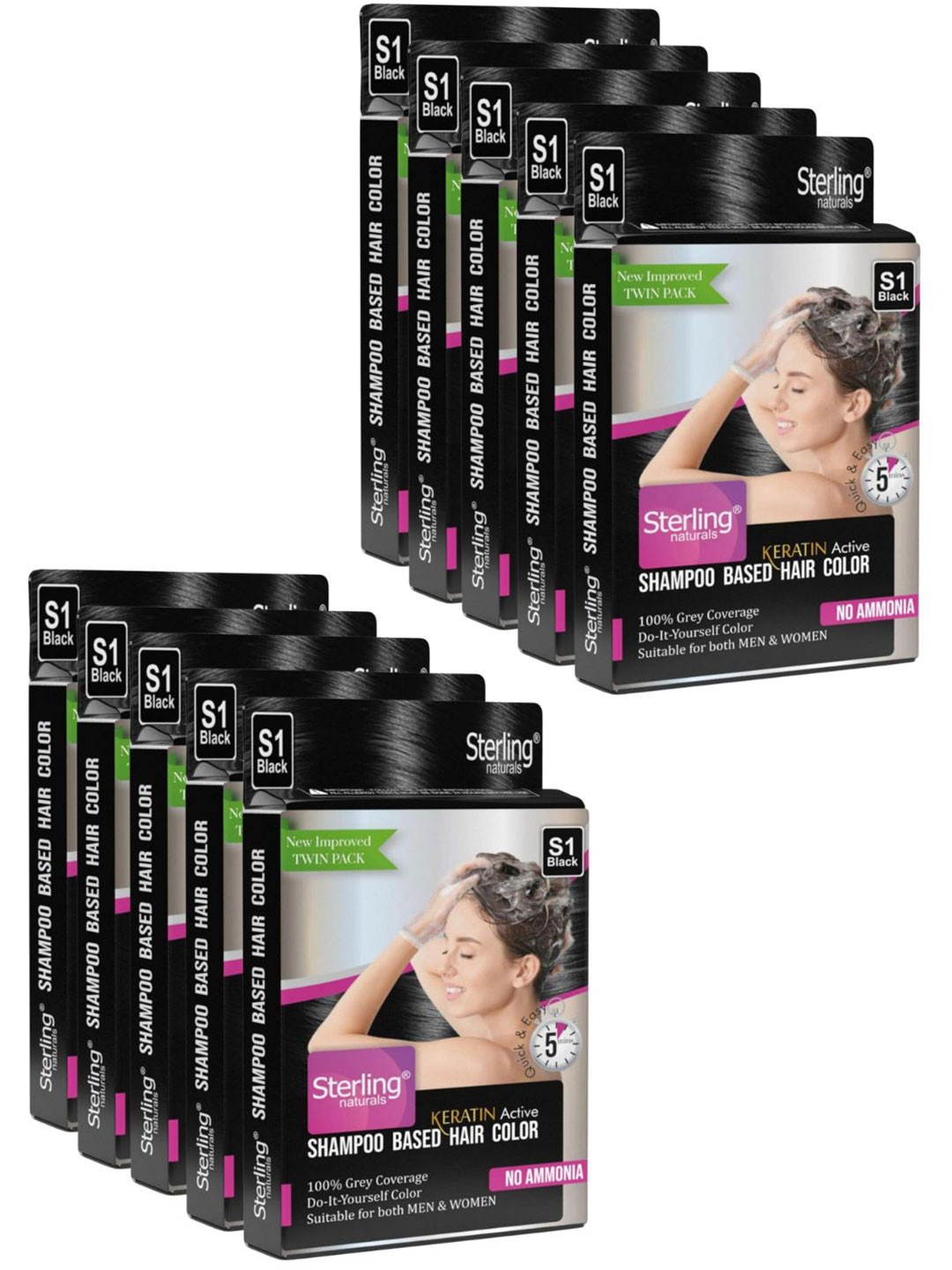 Sterling Naturals Women Pack of 10 Anti Dandruff Shampoo Hair Colour - Black - 50ml Each