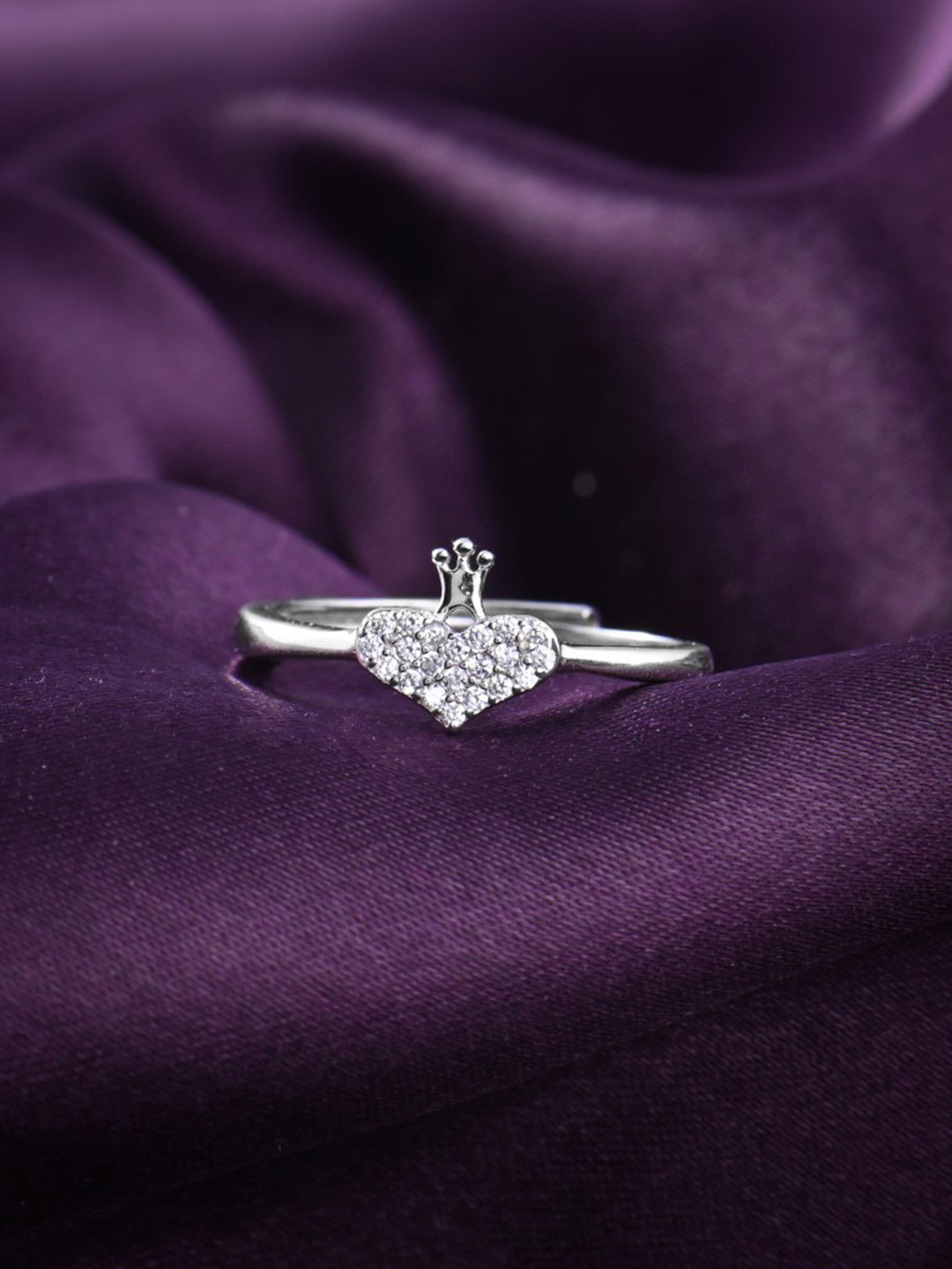 RACHIVA 925 Sterling Silver Rhodium-Plated CZ Studded Royal Heart Crown Adjustable Ring