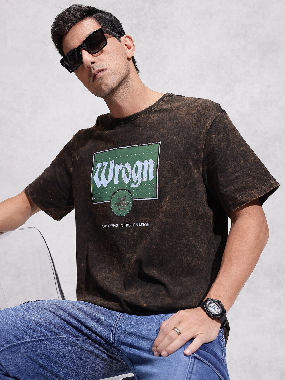 WROGN Brand Logo Printed Washed Effect Drop-Shoulder Sleeves Pure Cotton Oversized T-shirt