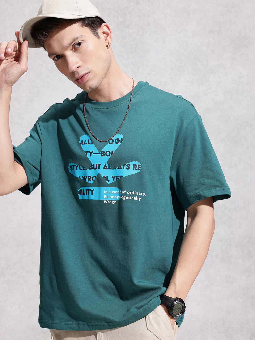 WROGN Pure Cotton Brand Logo Printed Oversized T-shirt