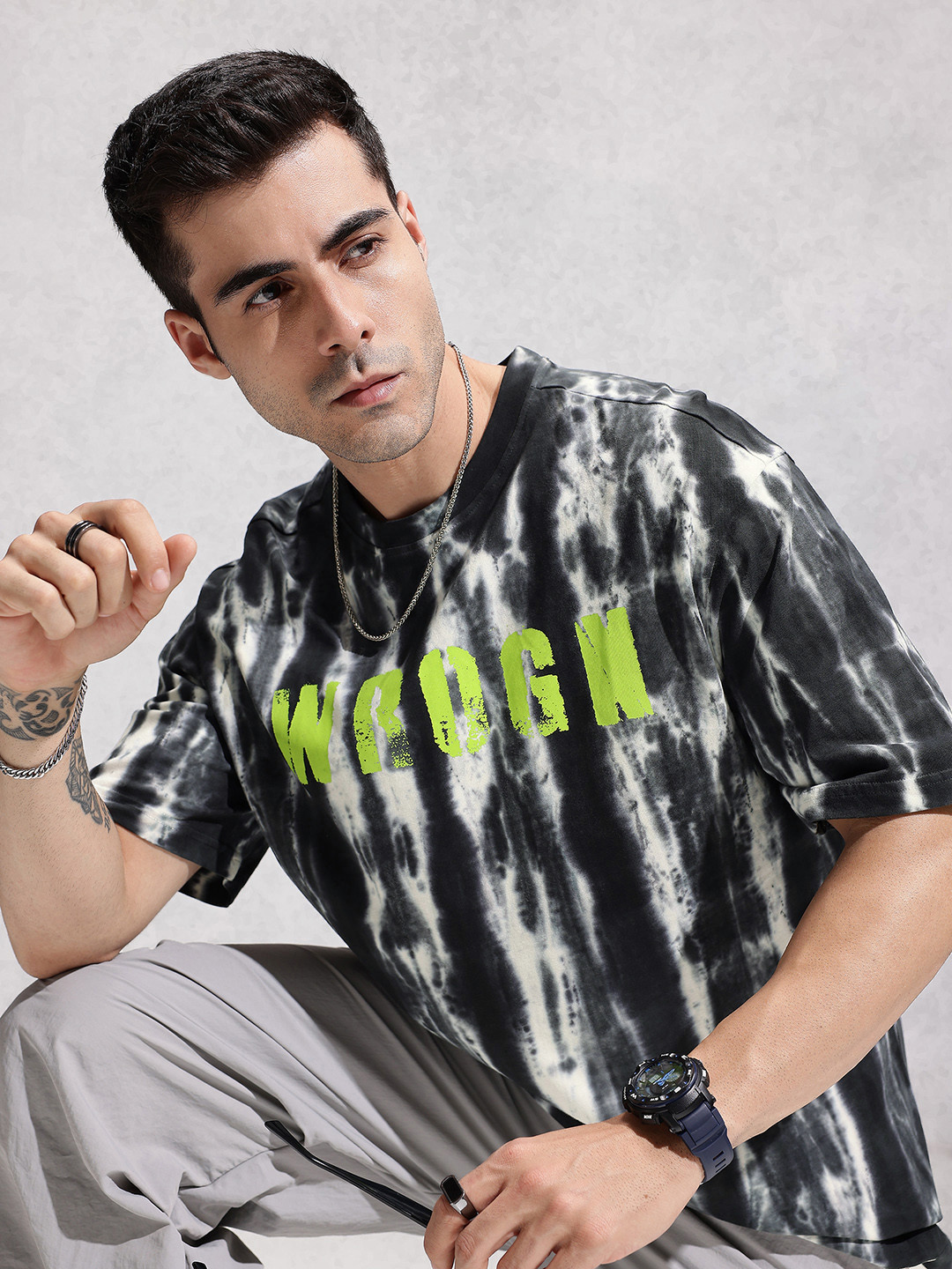 WROGN Dyed Brand Logo Printed Pure Cotton Oversized T-shirt