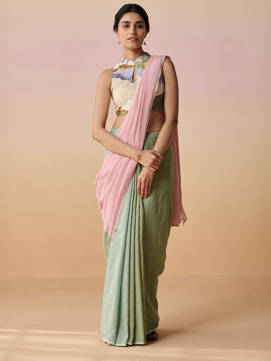 Dressfolk Asavari Sea Green Pink Pure Cotton Saree