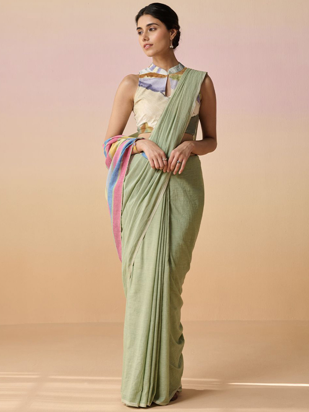 Dressfolk Green Cotton Saree with Unstitched Blouse Fabric