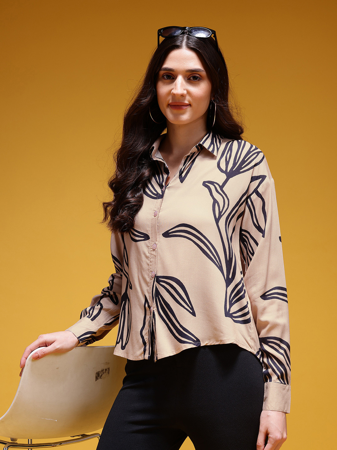 HERE&NOW Tropical Print Full Sleeves with Cuff Oversized Shirt