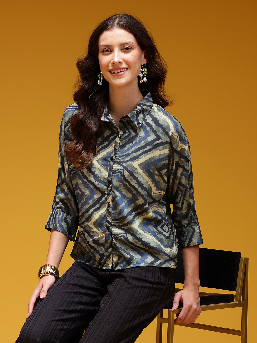 HERE&NOW Abstract Printed Slit Cuff Shirt Style Top