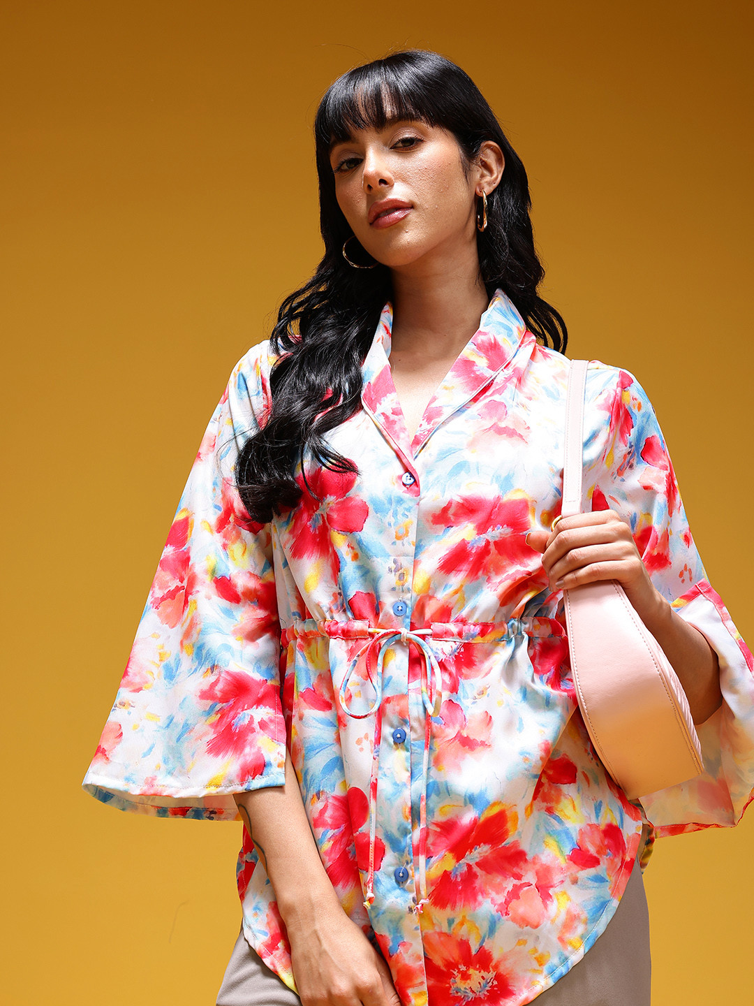 HERE&NOW Floral Print Shawl Collar Slit Sleeves Empire Shirt Style Top