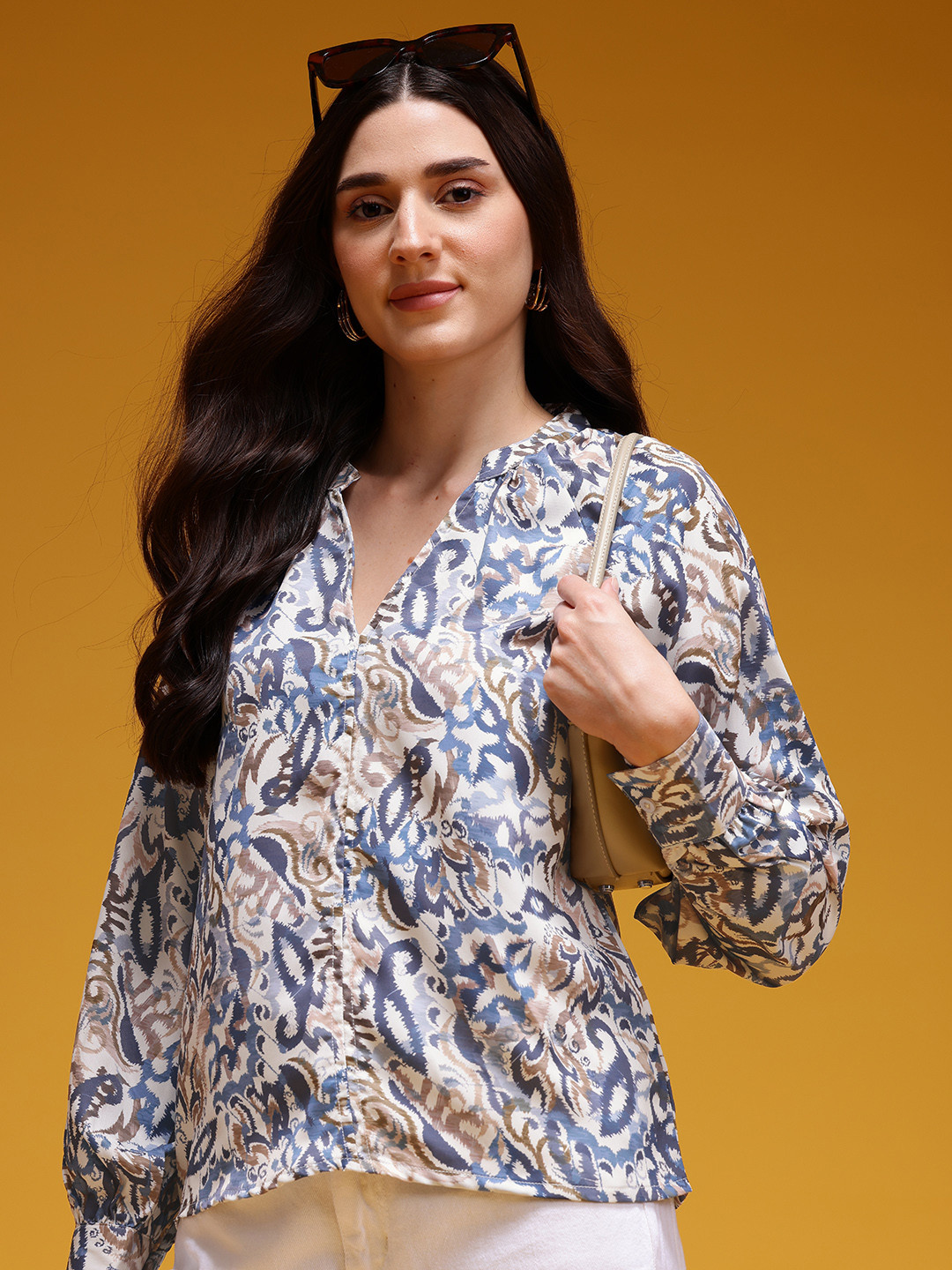 HERE&NOW Abstract Printed Mandarin Collar Long Sleeves Top