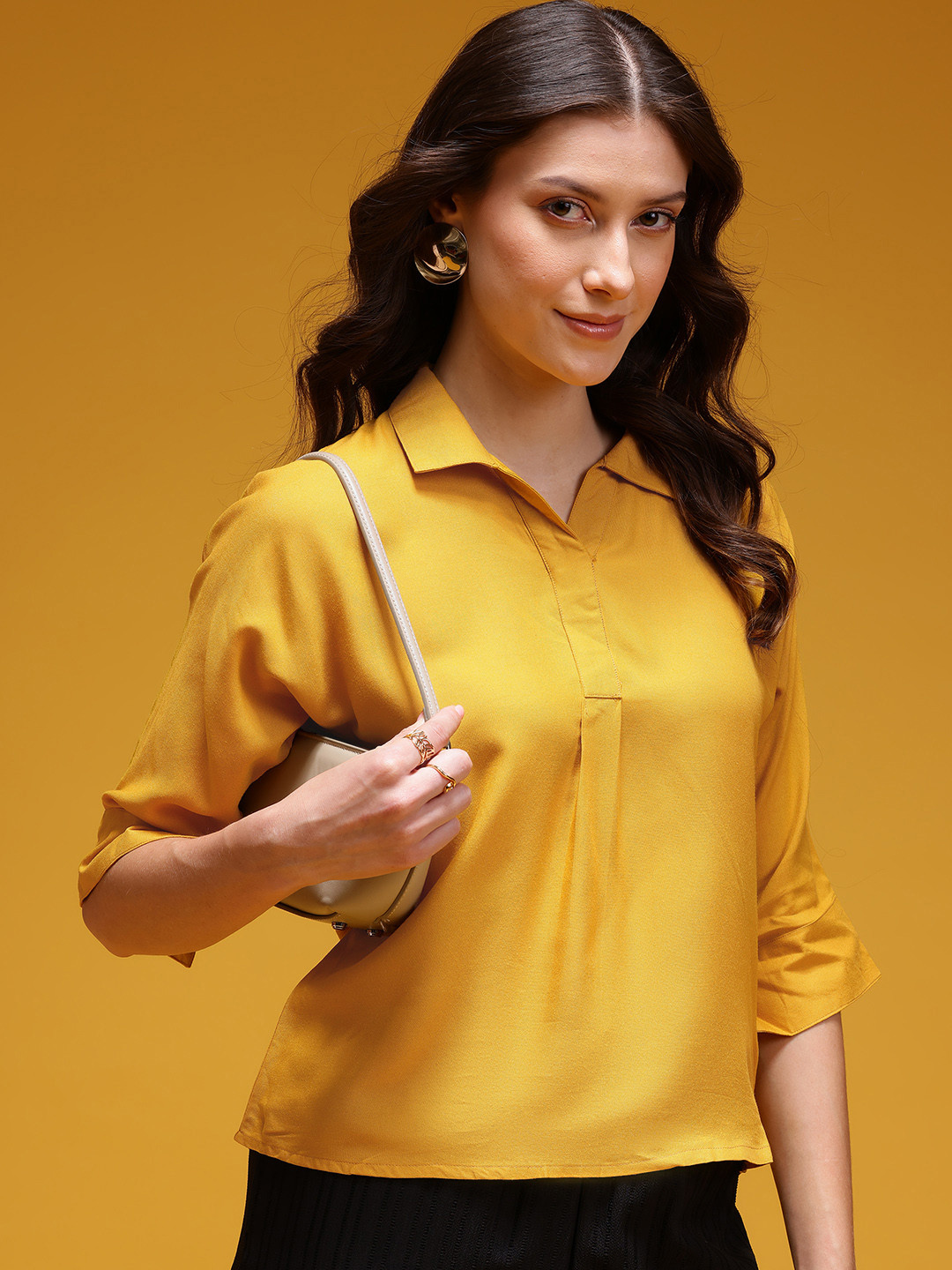 HERE&NOW Solid Slit Sleeves V-Neck Shirt Collar Top