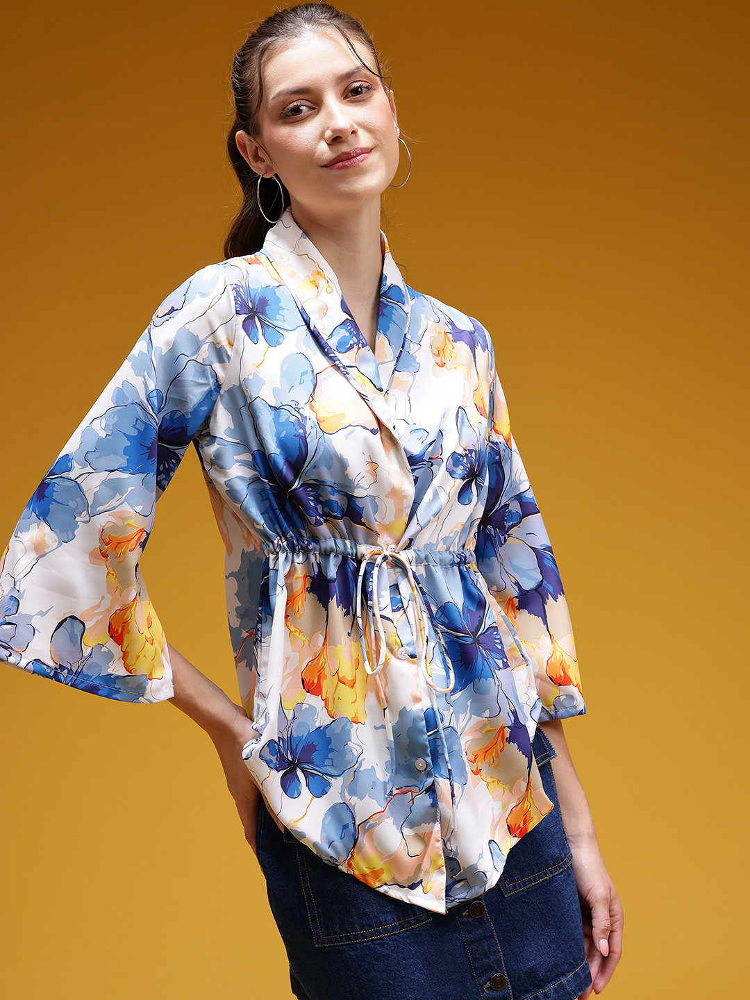 HERE&NOW Floral Print Cinched Waist Shawl Collar Slit Sleeves  Empire Top