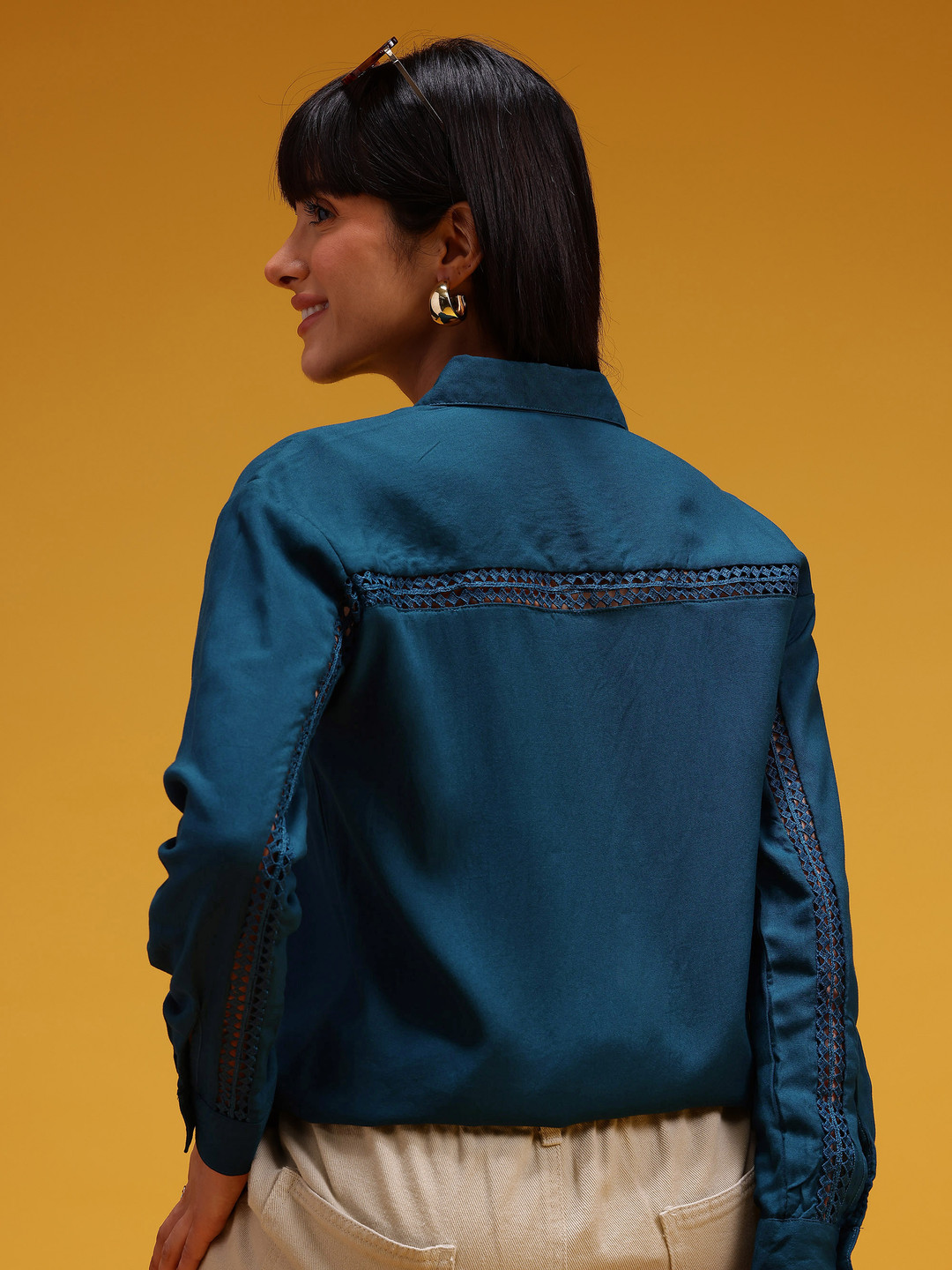 HERE&NOW Lace Insert Detail Spread Collar Casual Shirt