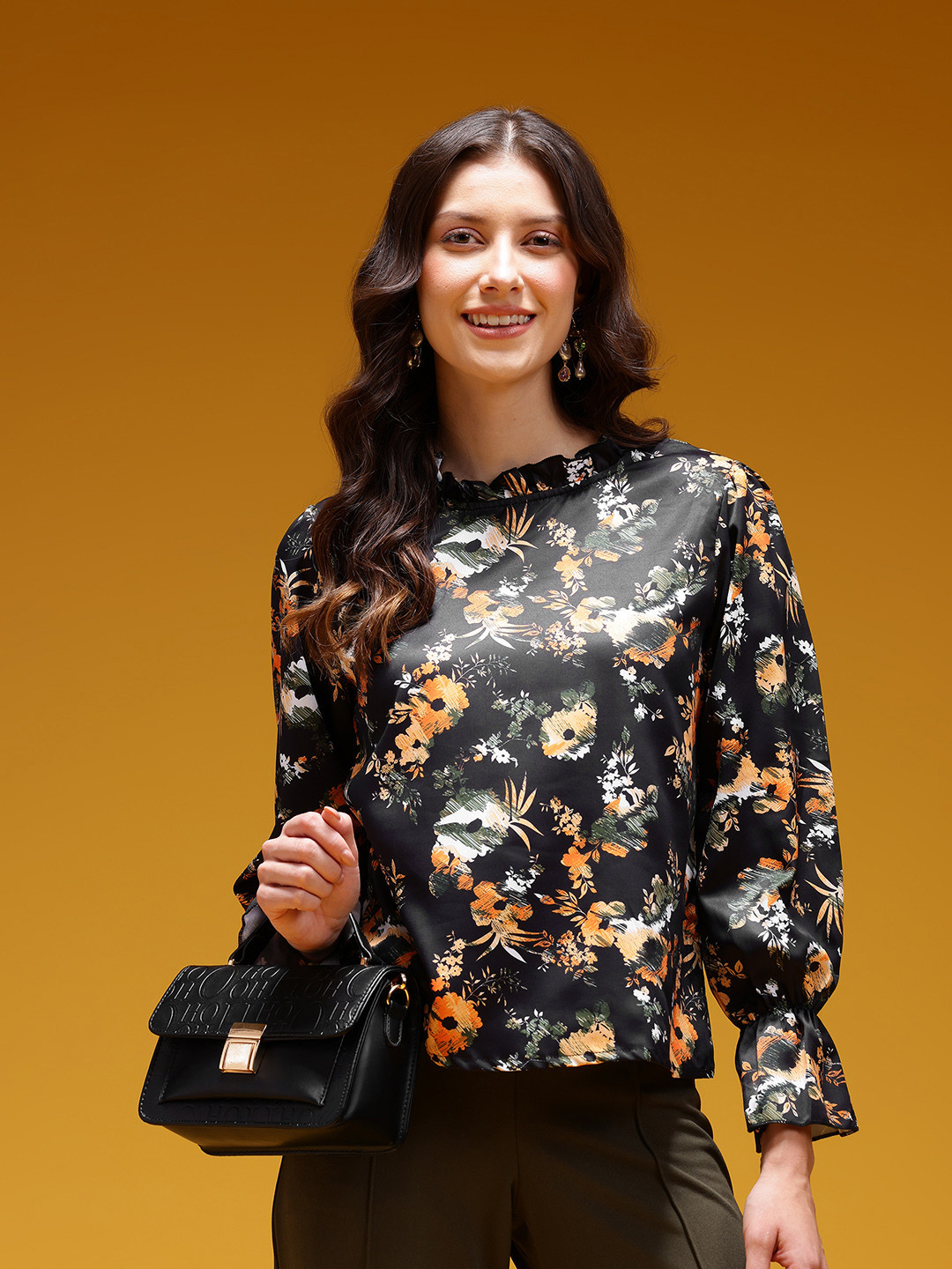 HERE&NOW Floral Print Frill High Neck Top