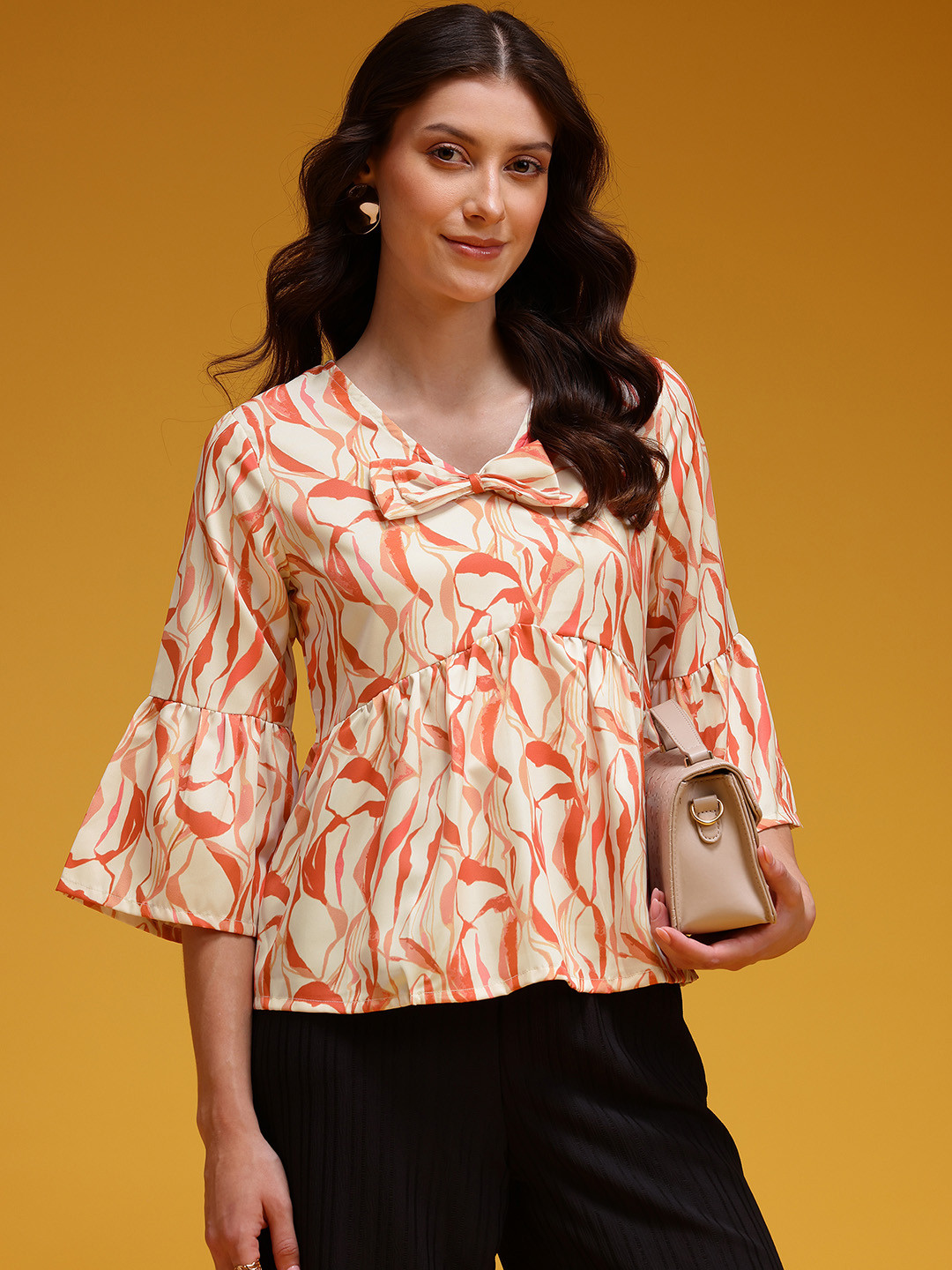 HERE&NOW Abstract Printed Bell Sleeve Bow Neck Empire Top