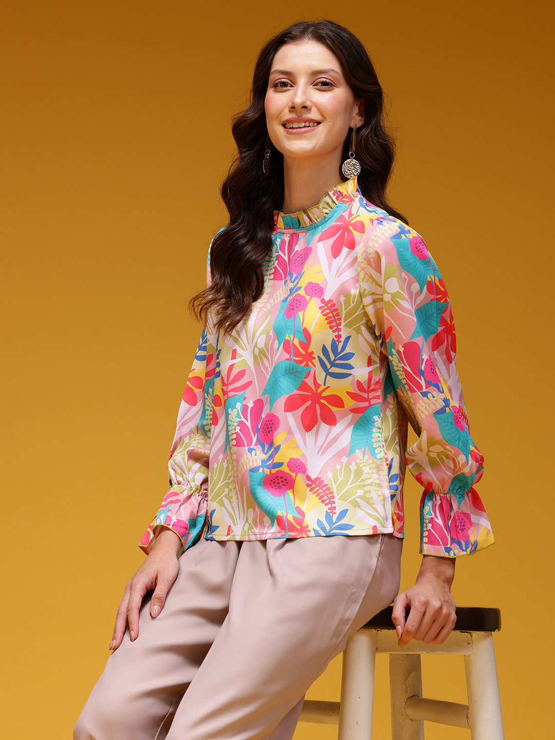 HERE&NOW Floral Print High-Neck Ruffle Top