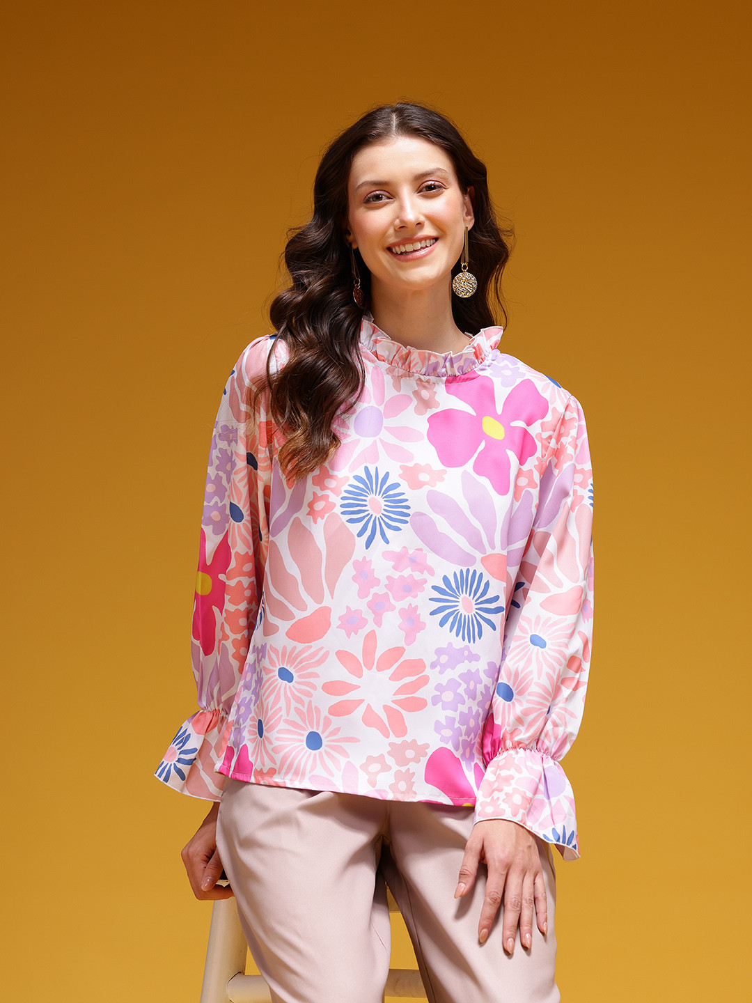 HERE&NOW Floral Print High-Neck Ruffle Detail Top