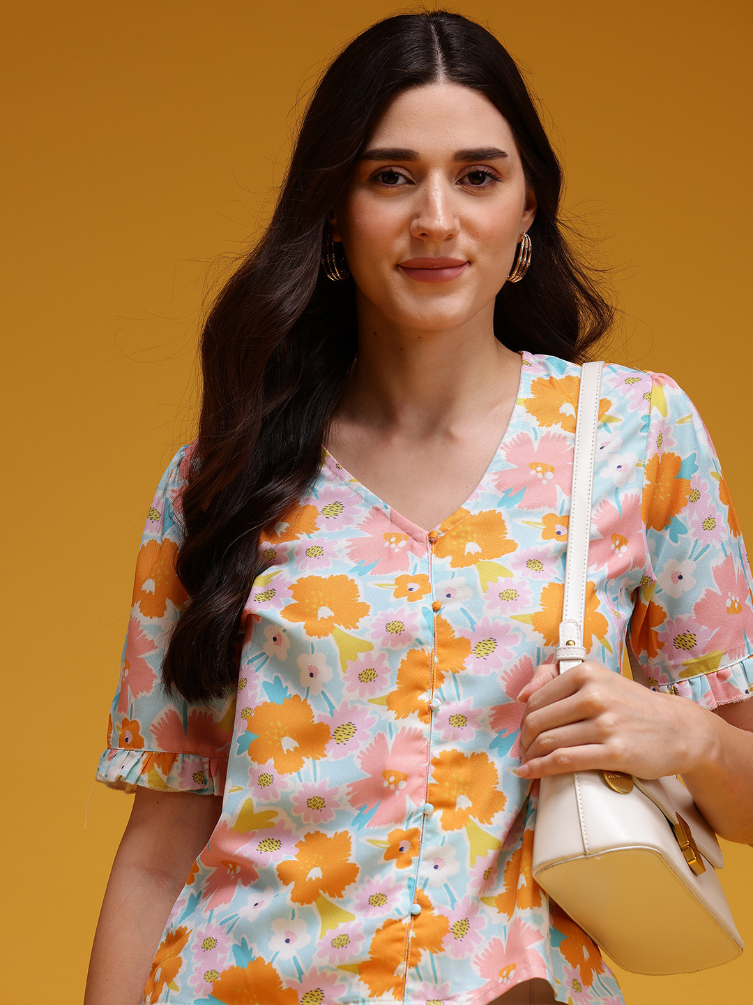 HERE&NOW Floral Print V-Neck Ruffle Sleeve Detail Top