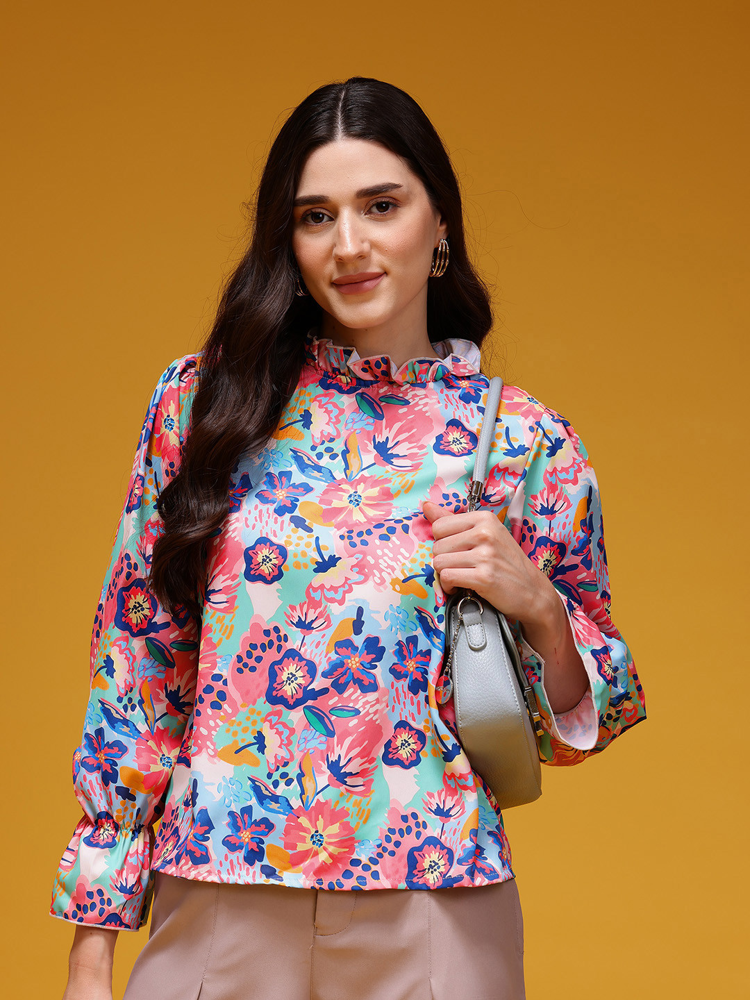 HERE&NOW Floral Print Bell Sleeves Ruffled Detail Top