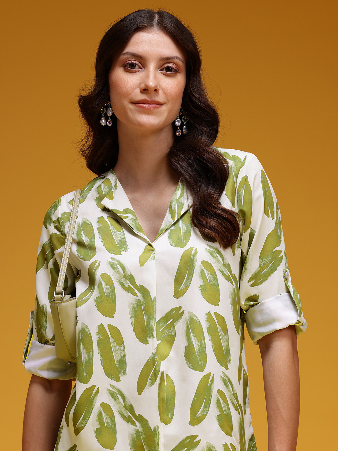 HERE&NOW Conversational Print Lapel Collar Roll Up Sleeves Top