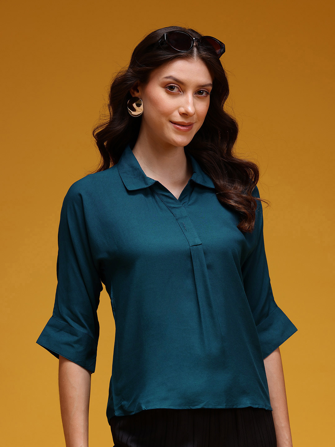 HERE&NOW Solid Pleated Slit Sleeve Shirt Style Top