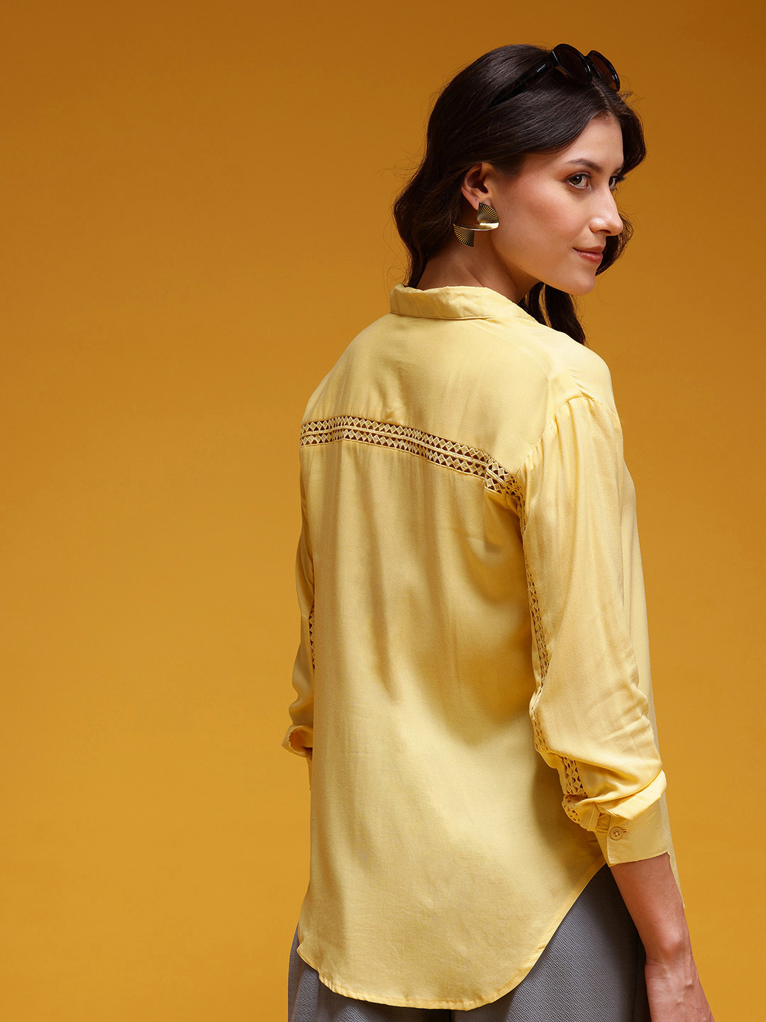 HERE&NOW Solid Long Sleeves Lace Inserts Casual Shirt