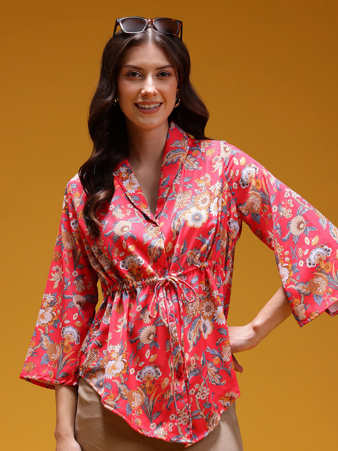 HERE&NOW Floral Print Shawl Collar Slit Sleeve Empire Top
