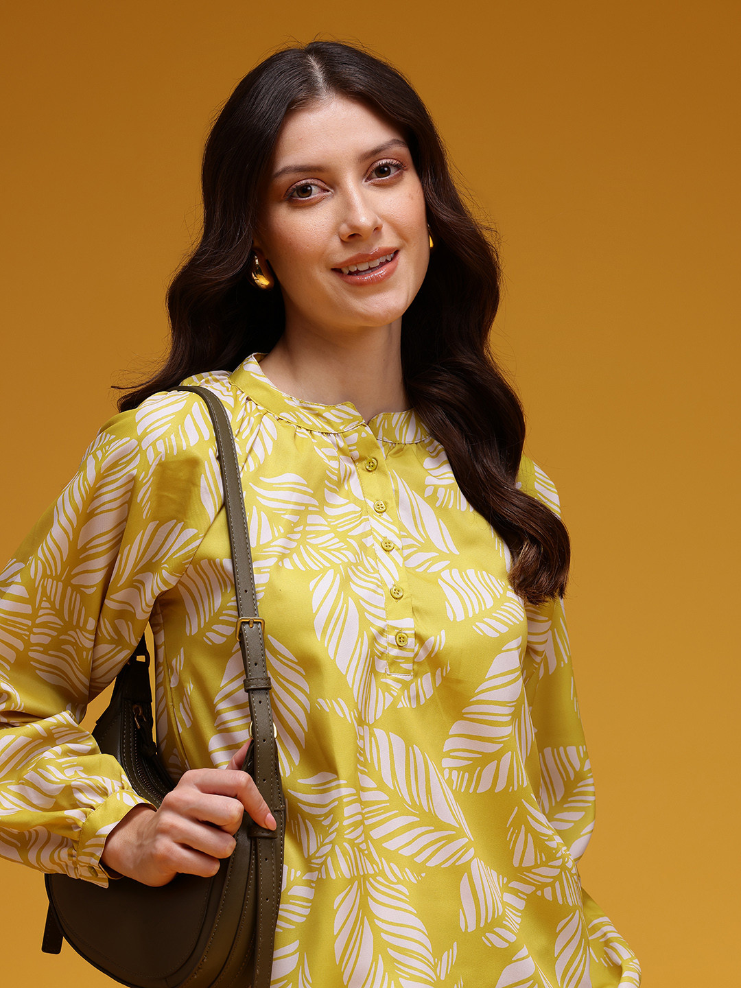 HERE&NOW Tropical Print Mandarin Collar Top