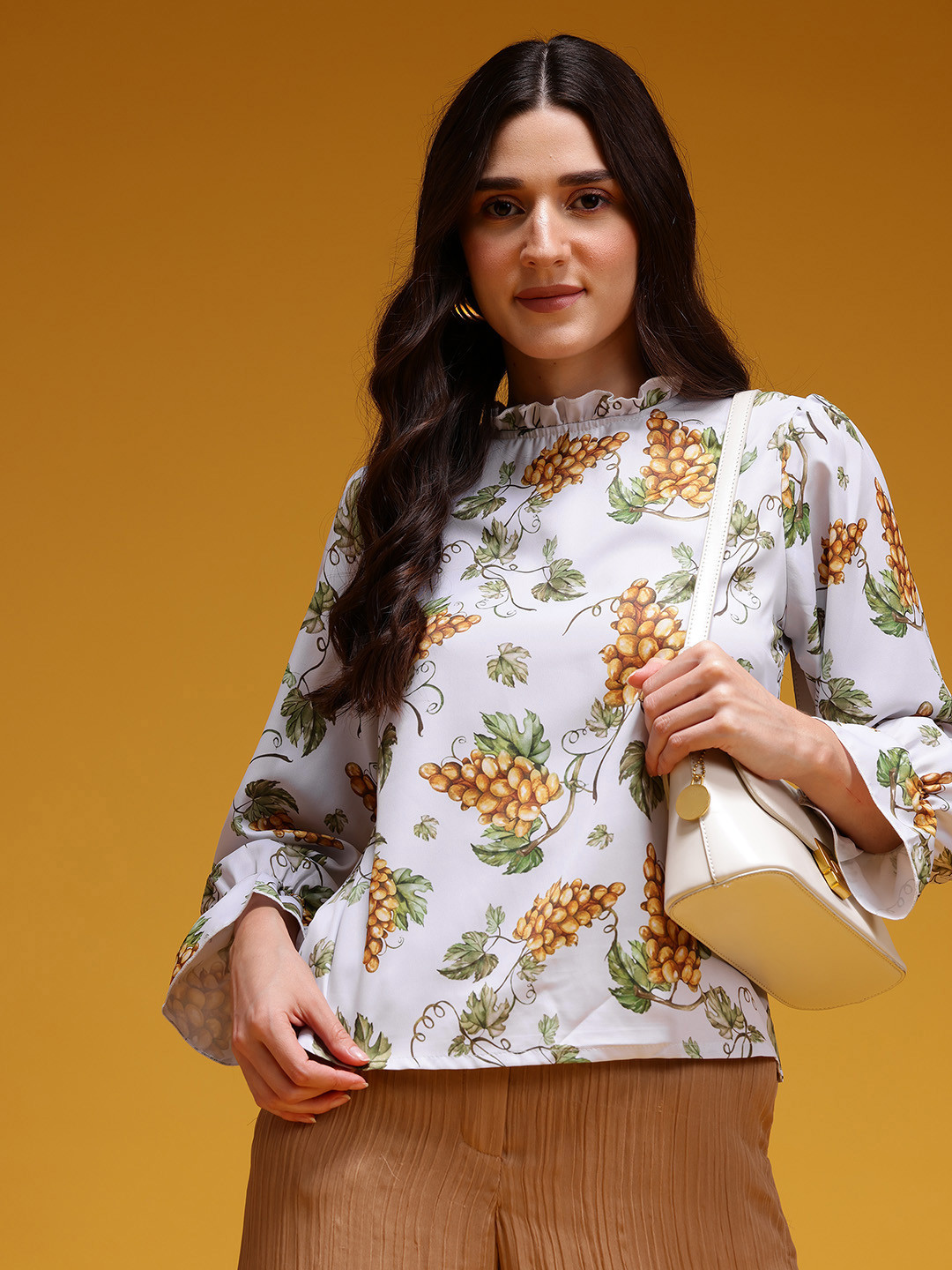 HERE&NOW Tropical Printed Puff Sleeve Ruffle Neck Top