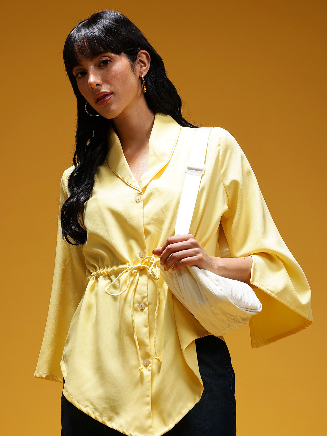 HERE&NOW Waist Tie-Up Shawl Collar Shirt Style Top