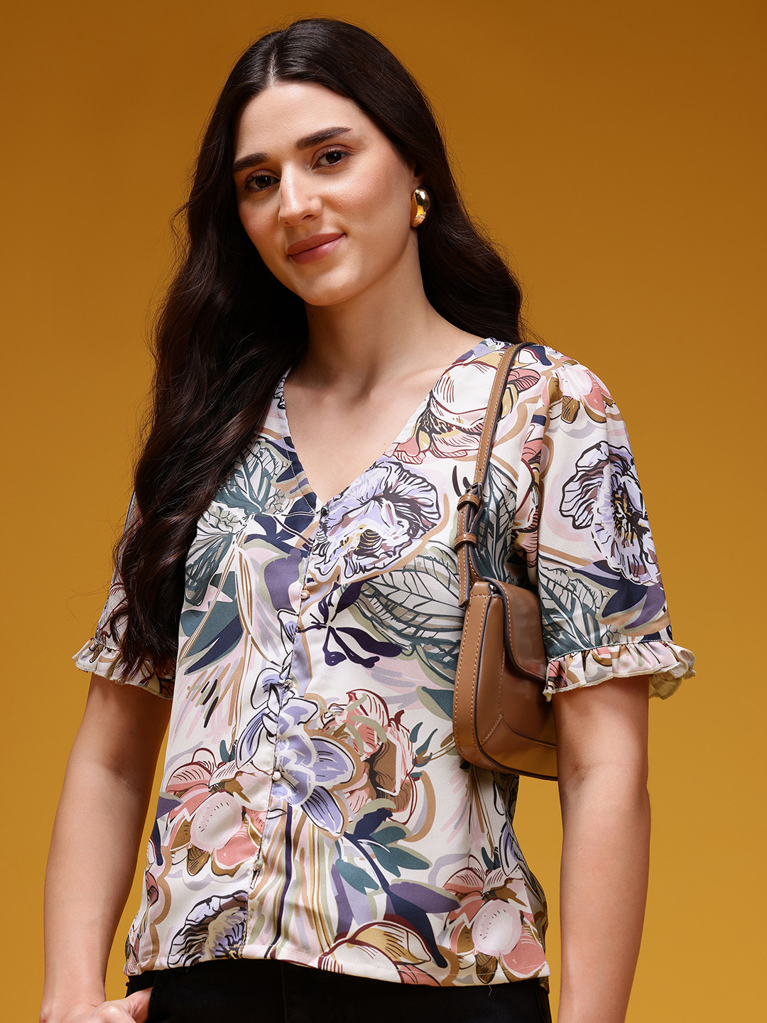 HERE&NOW Floral Print Puff Sleeves with Ruffle Detail V-Neck Top